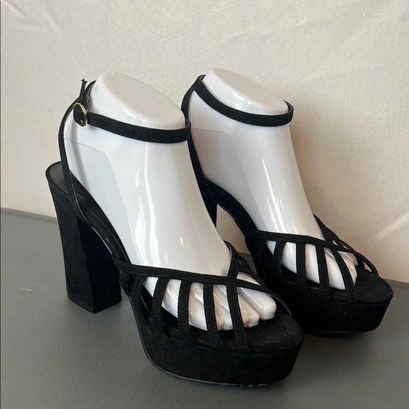Mango Black Strappy Platform Heels Size 39 (US 8.5) Ankle Cuff Peep Toe - Picture 1 of 14